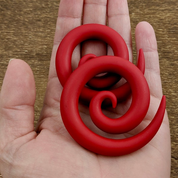 True Red Matte Spiral Gauged Earrings, Ear Gauges, Handmade Earrings, Lightweight Jewelry, Polymer Clay Earring, Clay Gauges, Plugs Tapers