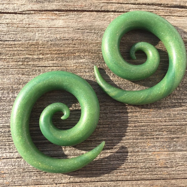 Faux Jade Spirals, Earrings for Gauged Ears, Fake Stone, Shimmery Green, Polymer Clay Jewelry, Gold Glitter, Stone Earrings, Handmade, Gift