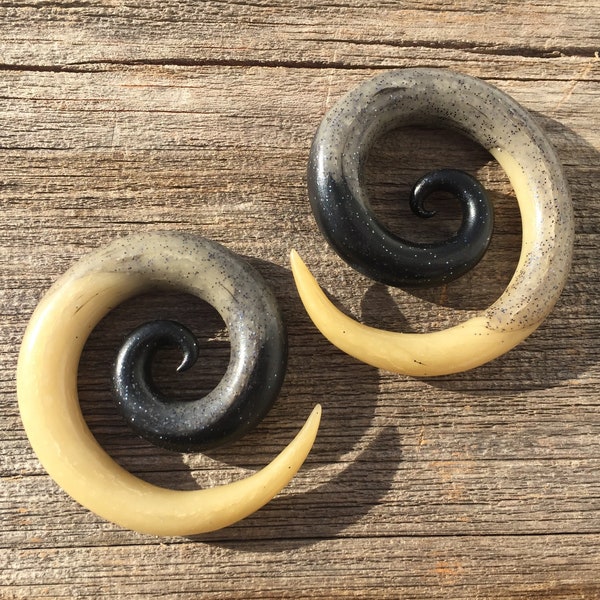 Translucent and Black Spirals, Polymer Clay Large Earrings, Hoops for Gauged Ears, Choose Your Size, Black Glitter Ombre, Faux Bone Circles