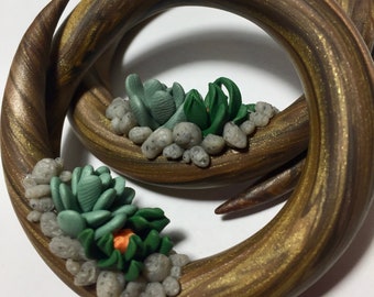 Faux Wood Hoops with Succulent and Rock Garden, Gauges Earrings for Stretched Ears, Gauges Plugs Taper, Polymer Clay Handmade, Plant Jewelry