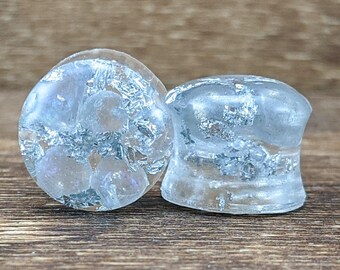 Moonstone and Silver Leaf Gemstone Round Plugs, Handmade Resin Gauges, Iridescent Stone Lightweight Earring, Metal Foil Flake Unique Earring