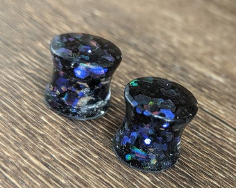 Holographic Deep Dark Purple Glitter Round Plugs, Dark Purple Gauges, Double Flare Plugs, Holographic Gauges, Glitter Plugs, Handmade Plugs
