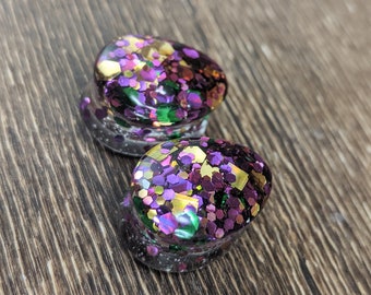 Mardi Gras Glitter Teardrop Plugs, Purple Green Gold Plugs, Chunky Glitter, Teardrop Gauges, Double Flare Plugs, Glitter Gauges, Mardi Gras