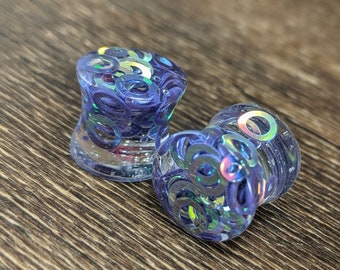 Purple Ring Glitter Round Plugs, Color Shift Gauges, Double Flare Plugs, Unique Gauges, Glitter Plugs, Handmade Plugs, Cut Out Circle Plugs