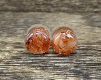Carnelian Gemstone Copper Leaf Round Plugs, Copper Flake Gauges, Gemstone Gauges, Double Flare Plug, July Birthstone, Handmade Resin, Orange