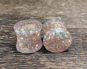 Rainbow Gold Glitter Round Plugs, Champagne Plugs, Glitter Gauges, Double Flare Plugs, Glitter Plugs, Handmade Plugs,Resin Plugs,Holographic