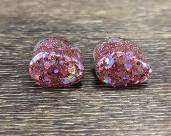 Holographic Mauve Teardrop Plugs, Mauve Plugs, Holographic, Chunky Mauve Glitter, Teardrop Gauges, Double Flare Plugs, Glitter Gauges, Resin