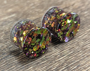 Fall Colors Glitter Round Plugs, Autumn Gauges, Double Flare Plugs, Copper Orange Green Gauges, Autumn Plugs, Handmade Plugs, Autumn Colors