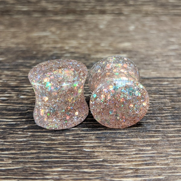 Rainbow Gold Glitter Round Plugs, Champagne Plugs, Glitter Gauges, Double Flare Plugs, Glitter Plugs, Handmade Plugs,Resin Plugs,Holographic