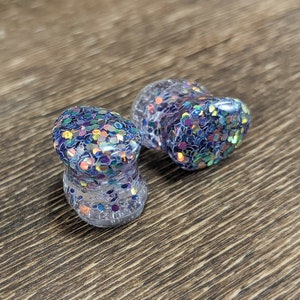 Bouchons pailletés cuivre lavande, Jauges en forme de larme, Bouchons lilas, Bouchons en cuivre, Bouchons double flare, Jauges scintillantes, Bouchons en résine