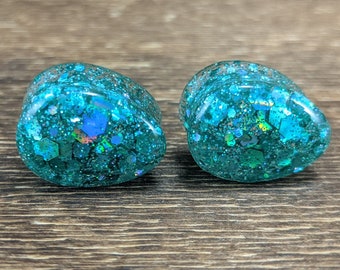 Chunky Teal Holographic Glitter Plugs, Teardrop Gauges, Holo Plugs, Teal Green Plugs, Double Flare Plugs, Glitter, Handmade, Teal Gauges