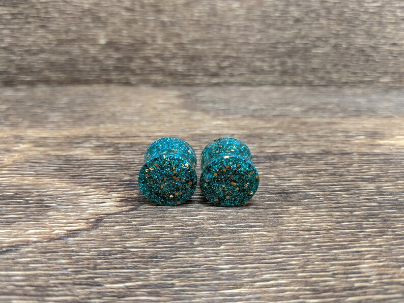 Copper Teal Copper Glitter Gauges Fine Glitter Plugs Handmade Plugs Teal Plugs Double Flare Plugs Teal and Copper Glitter Round Plugs