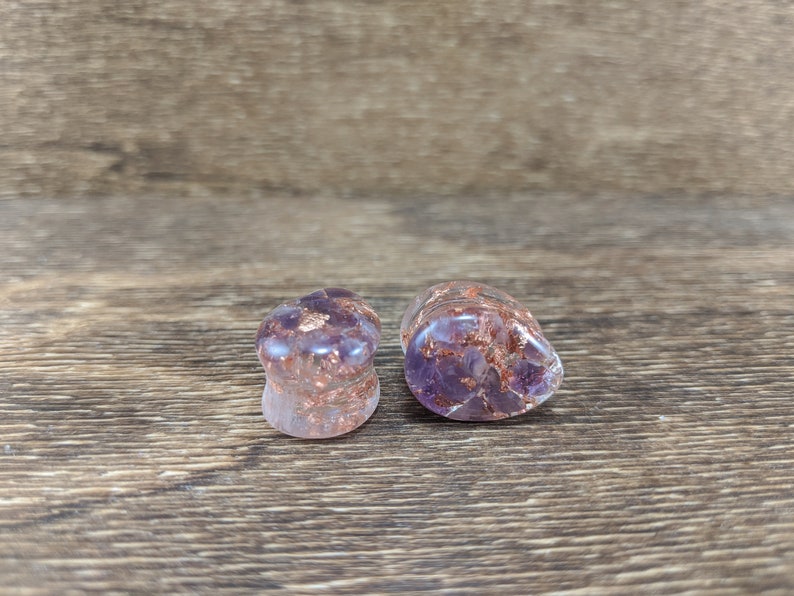 Amethyst and Copper Leaf Teardrop Plugs, Teardrop Gauges, Gemstone Plugs, Double Flare Plugs, Amethyst Gauges, Copper Flake, Purple Plugs image 6