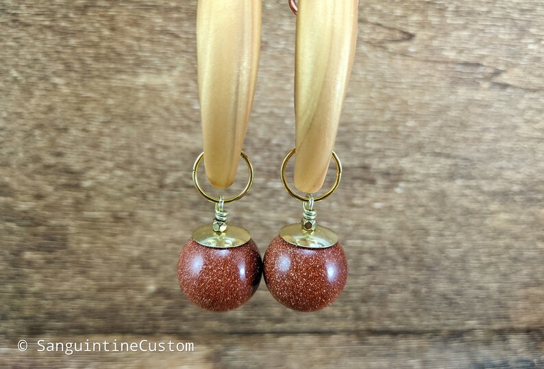 Large Red Goldstone Dangle Gold Gauged Hooks, Polymer Clay Stretched Ear Plugs, Glitter Gemstone, Handmade Custom Gauges, Red Gold Plugs image 4