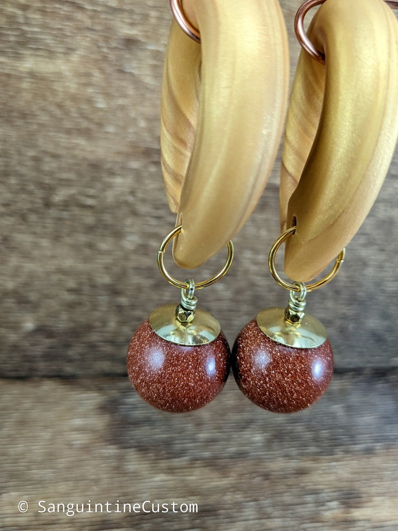 Large Red Goldstone Dangle Gold Gauged Hooks, Polymer Clay Stretched Ear Plugs, Glitter Gemstone, Handmade Custom Gauges, Red Gold Plugs image 1
