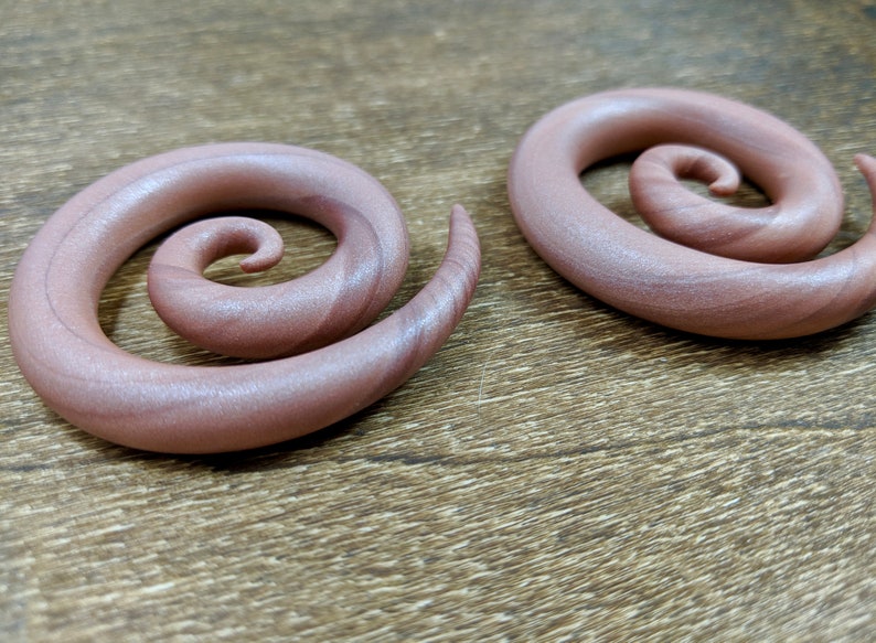 Stretched Ears Rose Gold Spiral Gauged Earrings Polymer Clay Earrings Handmade Clay Jewelry Gauges Plugs Tapers Rose Gold Earrings