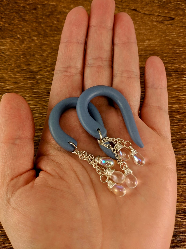 Lightweight Earrings Dangle Gauges Gauged Jewelry Handmade Clay Gauges Iridescent Teardrop Glass Beads Raindrop Gauges Wire Wrapped