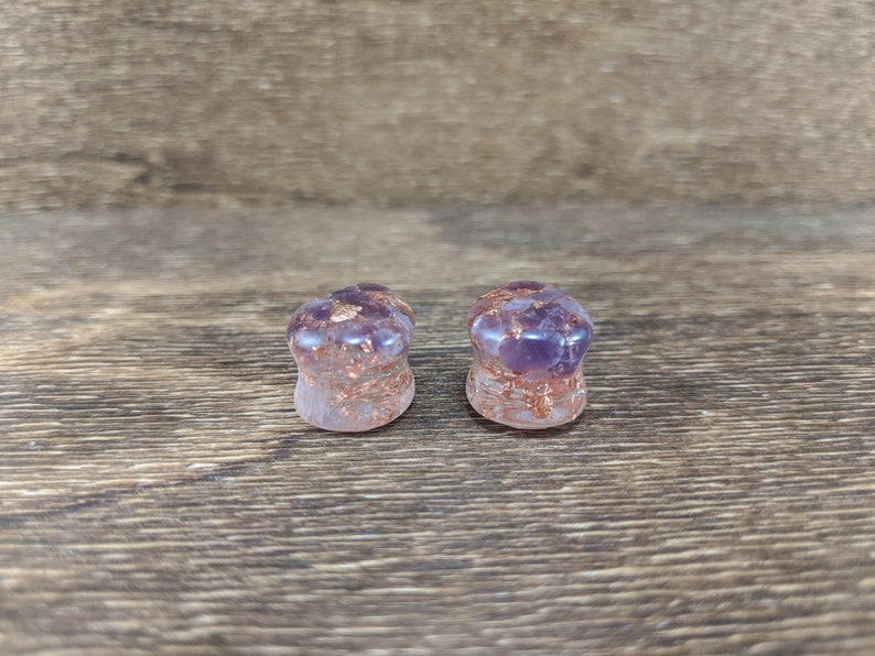 Amethyst and Copper Leaf Teardrop Plugs, Teardrop Gauges, Gemstone Plugs, Double Flare Plugs, Amethyst Gauges, Copper Flake, Purple Plugs image 3