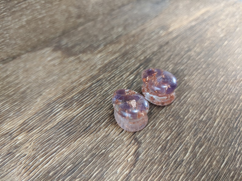 Amethyst and Copper Leaf Teardrop Plugs, Teardrop Gauges, Gemstone Plugs, Double Flare Plugs, Amethyst Gauges, Copper Flake, Purple Plugs image 4