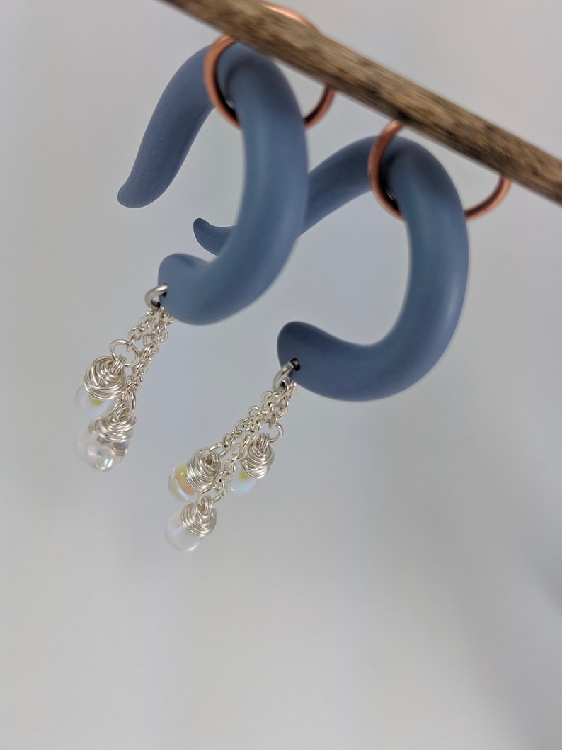 Lightweight Earrings Dangle Gauges Gauged Jewelry Handmade Clay Gauges Iridescent Teardrop Glass Beads Raindrop Gauges Wire Wrapped
