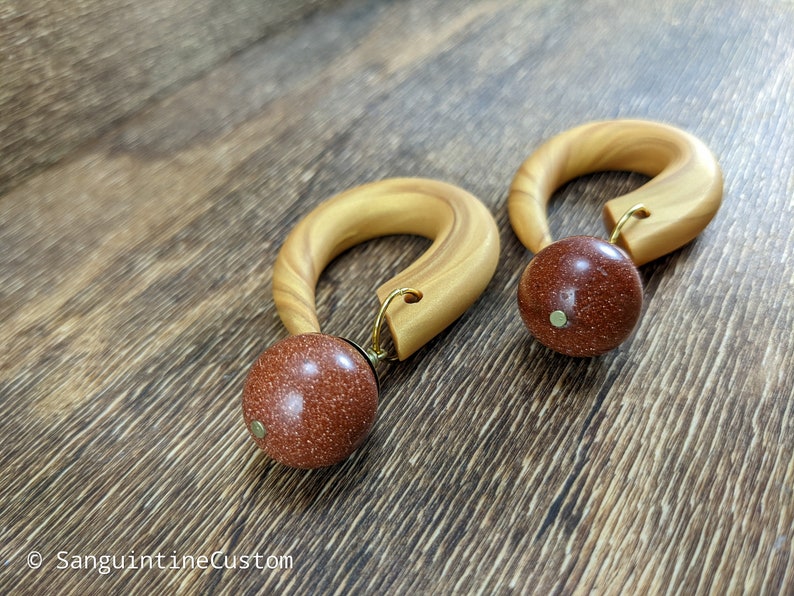 Large Red Goldstone Dangle Gold Gauged Hooks, Polymer Clay Stretched Ear Plugs, Glitter Gemstone, Handmade Custom Gauges, Red Gold Plugs image 7