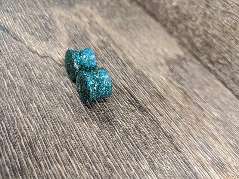 Copper Teal Copper Glitter Gauges Fine Glitter Plugs Handmade Plugs Teal Plugs Double Flare Plugs Teal and Copper Glitter Round Plugs