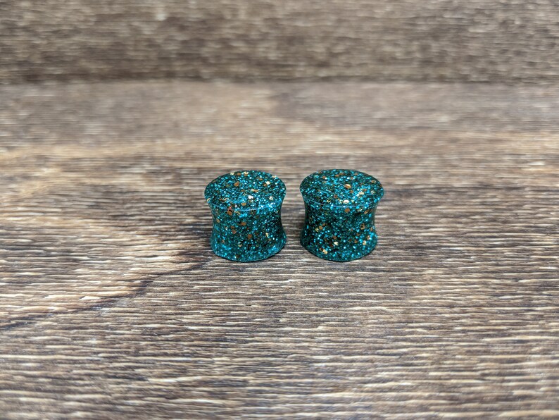 Copper Teal Copper Glitter Gauges Fine Glitter Plugs Handmade Plugs Teal Plugs Double Flare Plugs Teal and Copper Glitter Round Plugs