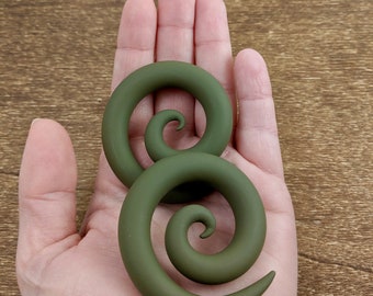 Olive Green Handmade Spiral Earrings, Gauged Spirals, Clay Gauges, Polymer Clay Earrings, Lightweight Gauges, Hanger, Hoops, Ear Plugs Taper