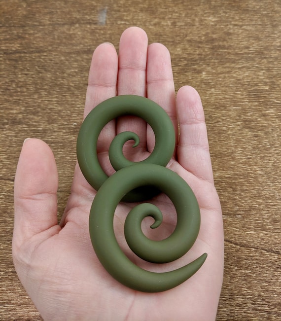 Olive Green Handmade Spiral Earrings Gauged Spirals Clay Gauges