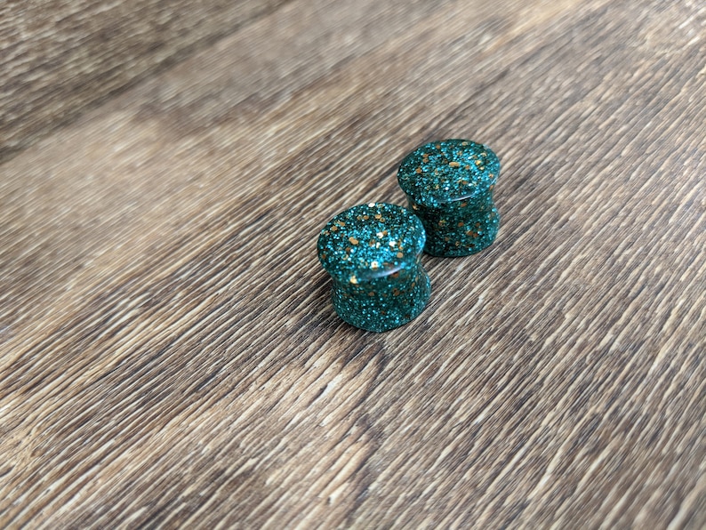 Copper Teal Copper Glitter Gauges Fine Glitter Plugs Handmade Plugs Teal Plugs Double Flare Plugs Teal and Copper Glitter Round Plugs