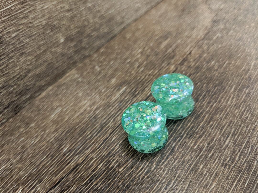 Seafoam Green Glitter Round Plugs, Mint Green Plugs, Seafoam Green Gauges, Double Flare Plugs
