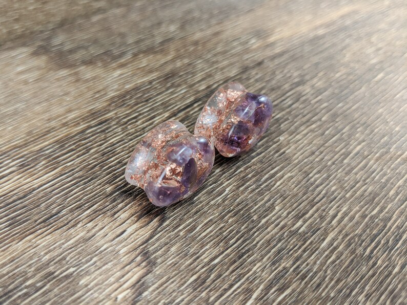 Amethyst and Copper Leaf Teardrop Plugs, Teardrop Gauges, Gemstone Plugs, Double Flare Plugs, Amethyst Gauges, Copper Flake, Purple Plugs image 9