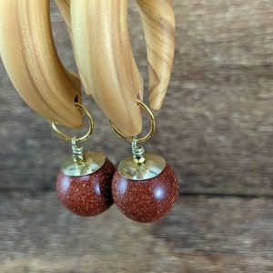 Large Red Goldstone Dangle Gold Gauged Hooks, Polymer Clay Stretched Ear Plugs, Glitter Gemstone, Handmade Custom Gauges, Red Gold Plugs image 3