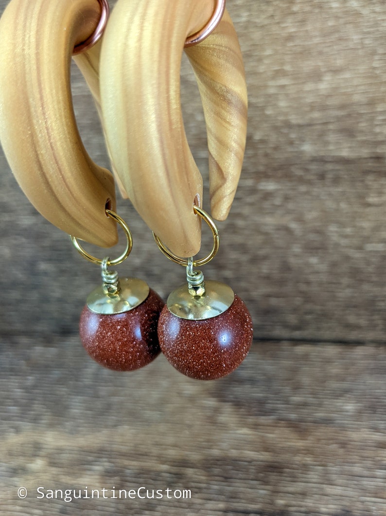 Large Red Goldstone Dangle Gold Gauged Hooks, Polymer Clay Stretched Ear Plugs, Glitter Gemstone, Handmade Custom Gauges, Red Gold Plugs image 3