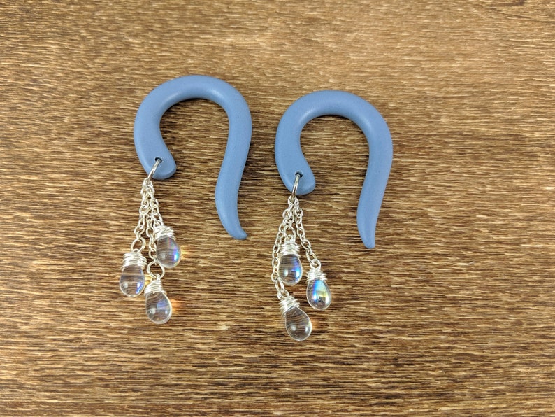 Lightweight Earrings Dangle Gauges Gauged Jewelry Handmade Clay Gauges Iridescent Teardrop Glass Beads Raindrop Gauges Wire Wrapped