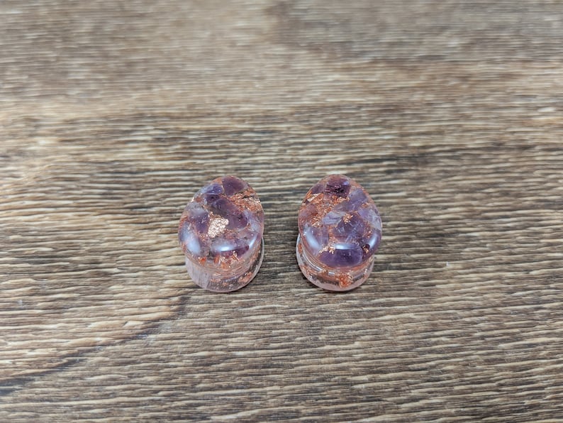 Amethyst and Copper Leaf Teardrop Plugs, Teardrop Gauges, Gemstone Plugs, Double Flare Plugs, Amethyst Gauges, Copper Flake, Purple Plugs image 2