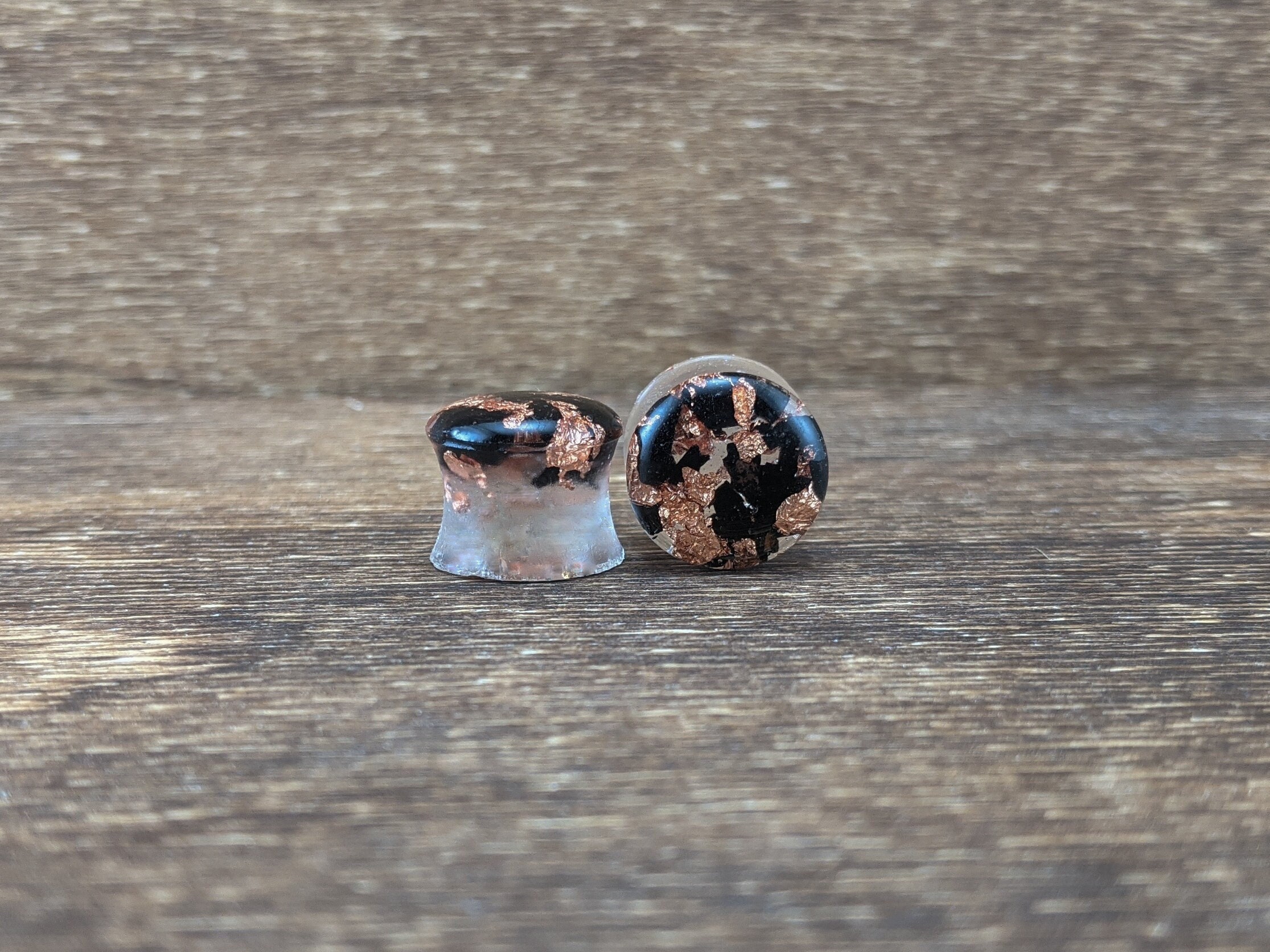 Black Tourmaline and Copper Gemstone Plugs, Copper Flake Foil Gauges, Gemstone Gauges, Tourmaline Gauges, Black Plugs, Handmade Resin Plugs