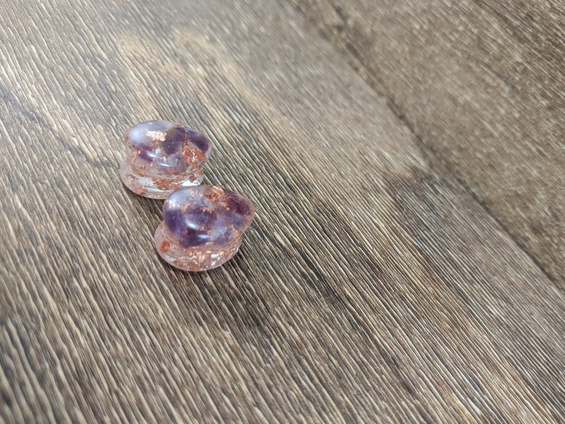 Amethyst and Copper Leaf Teardrop Plugs, Teardrop Gauges, Gemstone Plugs, Double Flare Plugs, Amethyst Gauges, Copper Flake, Purple Plugs image 5