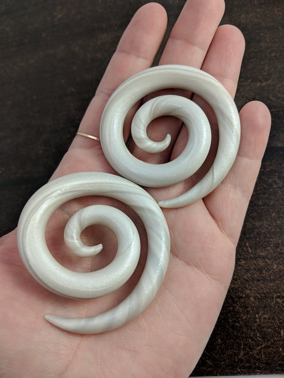 Elegant White Pearl Spiral Earrings for Gauged Ears, Large Gauge, Stretched Piercings, Polymer Clay Jewelry and Earrings, Custom Size