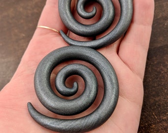 Solid Grey Graphite Metallic Spiral Earrings for Gauged Ears, Jewelry for Stretched Ears, Tapers and Plugs, Polymer Clay Earrings, Silver