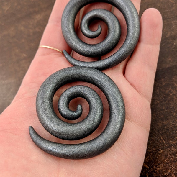 Solid Grey Graphite Metallic Spiral Earrings for Gauged Ears, Jewelry for Stretched Ears, Tapers and Plugs, Polymer Clay Earrings, Silver