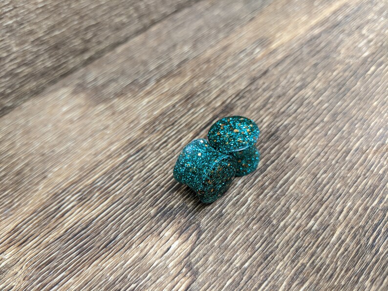 Copper Teal Copper Glitter Gauges Fine Glitter Plugs Handmade Plugs Teal Plugs Double Flare Plugs Teal and Copper Glitter Round Plugs