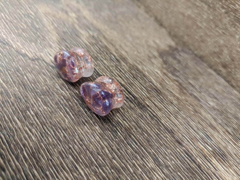 Amethyst and Copper Leaf Teardrop Plugs, Teardrop Gauges, Gemstone Plugs, Double Flare Plugs, Amethyst Gauges, Copper Flake, Purple Plugs image 10