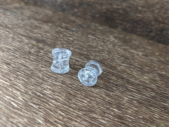 Silver Flake Plugs, Silver Foil Plugs, Silver Gauges, Double Flare Plugs, Clear Plugs, Handmade Plugs, Resin Plugs, Precious Metal Plugs