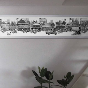 Indonesia | Jakarta | pen and ink | illustration | wall art | art print | home decor | panoramic | detailed street scene | black & white