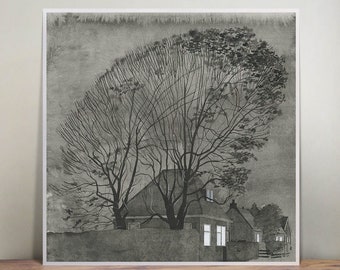 Noche - ilustración - arte mural - impresión artística - Holanda - arte de póster - zen - tinta - formas naturales - árbol - otoño - tarde