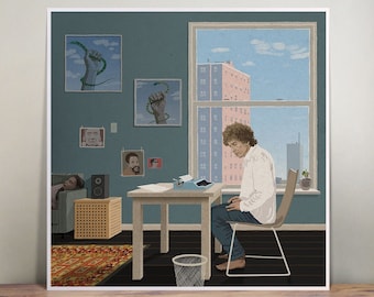 Lámina con retrato de Bob Dylan: ilustración a color con atmósfera envolvente, arte mural de la leyenda de la música folk.