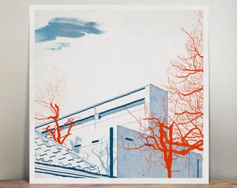 Könnte beinhalten: Eine minimalistische Illustration eines modernen Gebäudes mit einem blau-weißen Farbschema. Das Gebäude ist von roten und orangefarbenen Bäumen umgeben. Die Illustration ist im Aquarellstil gehalten.