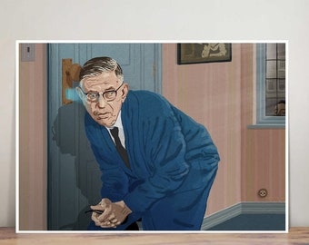 Jean-Paul Sartre - illustration - wall art - art print - portrait - home decor - pen & ink - crayon - poster - philosophy - French