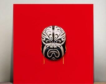 Máscara oriental - ilustración - decoración de pared - impresión artística - chino - arte digital - decoración del hogar - cara enojada - imagen de sueño surrealista